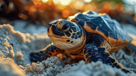 Close-up of a baby sea turtle on the seashoreの素材