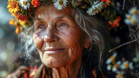 Portrait of an elderly woman in a wreath of flowers.の素材