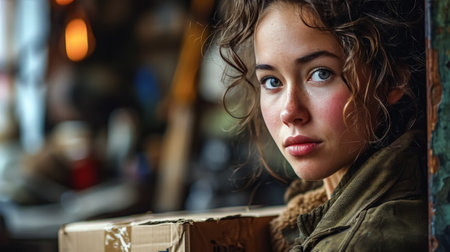 Young woman with cardboard box looking at camera. Portrait of a beautiful girl.の素材