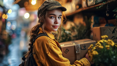 Portrait of a young woman in a yellow jacket and a cap with a backpack in a flower shop.の素材