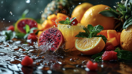 Tropical fresh fruits, splashing in water with splashes on black background, closeup.の素材