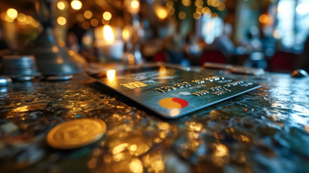 Credit card on a table in a restaurant. Selective focus.の素材