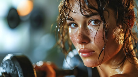 Close-up portrait of beautiful young woman with wet hair and sweat, lifting dumbbells in the gymの素材