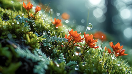 Moss and flowers with dew drops in the morning light. Water drops on green moss, flowers and bokeh background, close up. Nature background.の素材