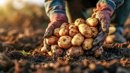 Harvesting potatoes in the field at the countryside. Selective focus. nature. Close up of farmer hands holding freshly dug organic potatoes.の素材