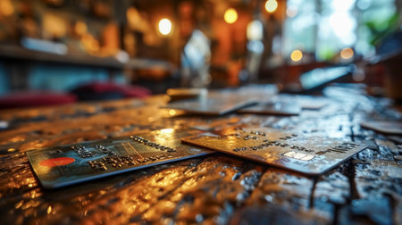 Close-up of credit cards on a wooden table. Selective focus.の素材
