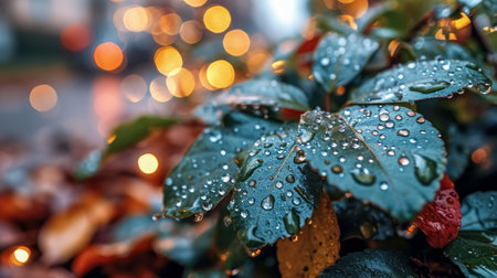 Rain drops on the leaves of a plant in the autumn garden.の素材