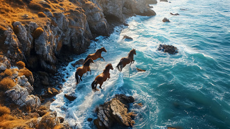 Horses in the ocean at sunset. Panoramic view.の素材