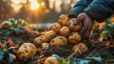 Harvesting potatoes in the field at the countryside. Selective focus. nature. Close up of farmer hands holding freshly dug organic potatoes.の素材