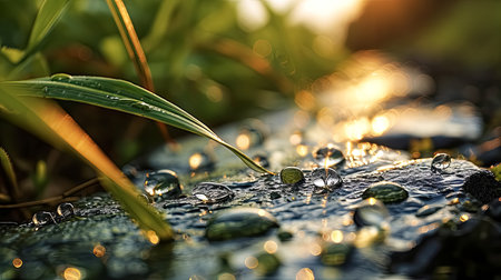 Water drops on the surface of the grass in the morning sun.の素材