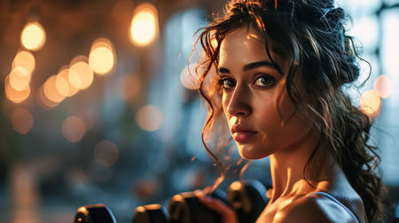 Portrait of a beautiful young woman with dumbbells in the gymの素材