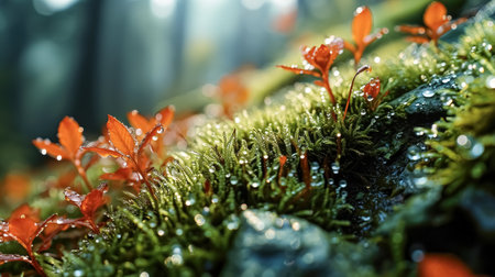 Water drops on green moss, flowers and bokeh background, close up. Close up of moss and fern in the rainforest. Nature background.の素材