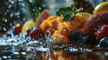 Tropical fresh fruits, splashing in water with splashes on black background, closeup.の素材