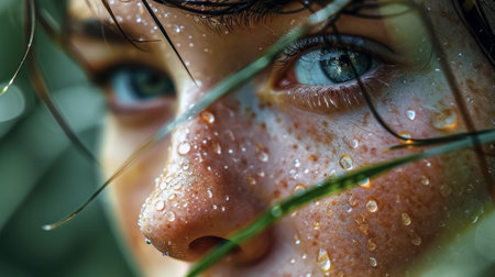 Close-up portrait of a beautiful young woman with green eyes and wet hair, looking  from behind a green leaf.の素材