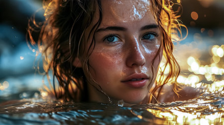 Close-up portrait of a beautiful young woman in the water.の素材