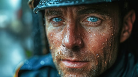 Close-up portrait of a male security guard in uniform looking at cameraの素材