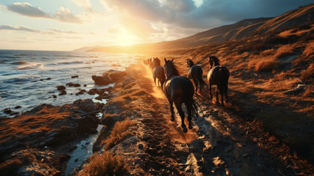 Horseback riding on the beach at sunset. Travel concept.の素材