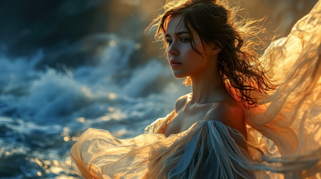 Beautiful young woman in a transparent dress on the background of the seaの素材