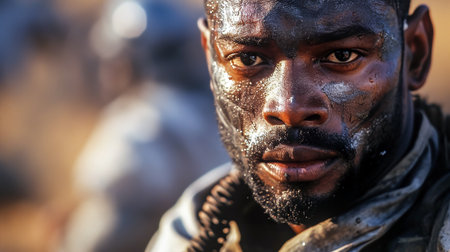 Close up portrait of an african american football player with helmet.の素材
