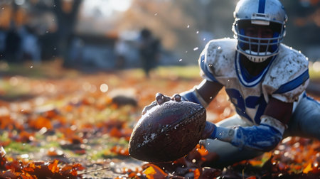 American football player in helmet and uniform on the field during training. American football player running with ball in autumn park. Close up.の素材
