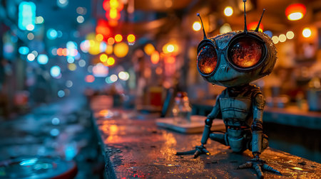 A toy robot stands on the street at night.の素材