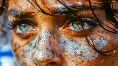 Close-up portrait of a young woman with dirty face and freckles.の素材