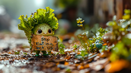 Miniature figure of an angry lettuce holding a sign "Stop Eating Us",の素材
