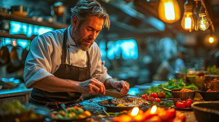 Chef cooking in a restaurant kitchen. Chef preparing food in a restaurant kitchen.の素材