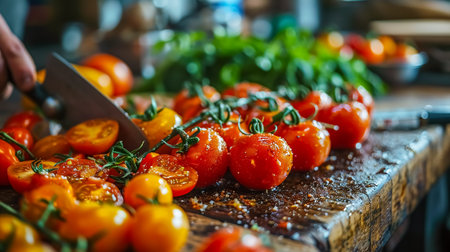 Cherry tomatoes on a wooden cutting board. Vegetarian cooking.の素材