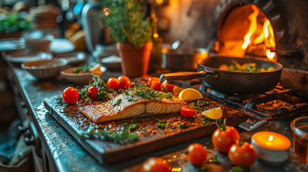 Grilled fish with vegetables and lemon on a wooden table in a restaurantの素材
