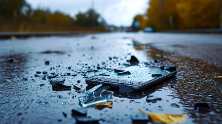 Broken mobile phone on a wet asphalt road in the rain.の素材