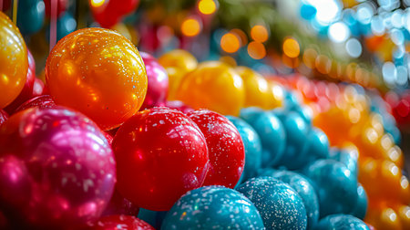 Colorful christmas baubles on blurred background. Christmas and New Year holidays or birthday conceptの素材