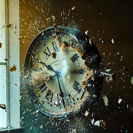 Image of old clock with explosion and smoke on black background. Time concept.の素材