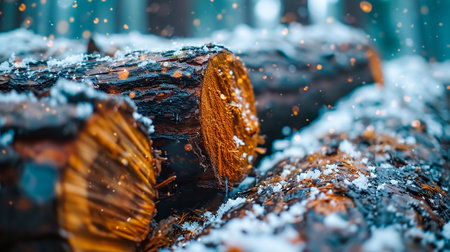 Pile of firewood in winter forest, close-up. Snowfall in the forest. Wooden logs in the snow. Winter landscape.の素材