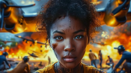 Fantasy portrait of beautiful african american woman in the ruins of an ancient city.の素材