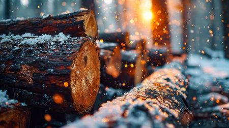 Pile of firewood in winter forest, close-up. Snowfall in the forest. Wooden logs in the snow. Winter landscape.の素材