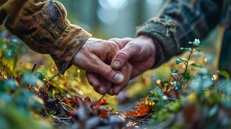 Happiness photo focusing on the hands of the elderly couple holding hands and walking in natureの素材