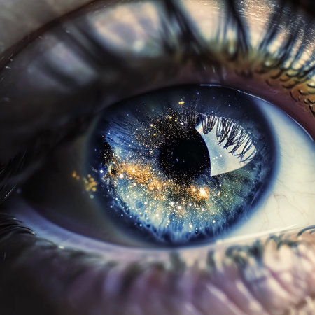 A beautiful close-up shot of an eye with space and stars. eye with a galaxy in the background. Conceptual image.の素材