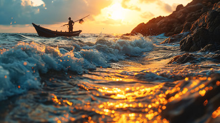 An Asian fisherman catches fish with a net on the ocean shore. He hunts at sunset in autumn, wearing his local clothes and hat.の素材