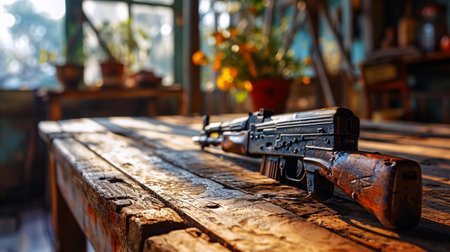 Old gun on a wooden table in a cafe. Selective focus.の素材