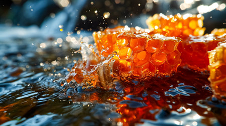 Honey dripping from hexagonal honeycombs on the water surfaceの素材
