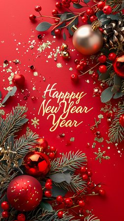 Christmas and New Year greeting card. Festive decoration on red background.の素材