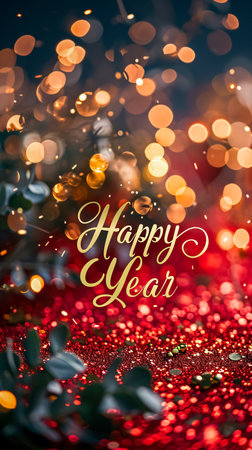 Happy new year greeting card with bokeh lights and glitter backgroundの素材