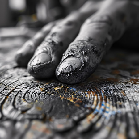 Close-up of the hands of an artist who is painting on a wooden surfaceの素材