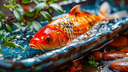 Koi fish in a ceramic bowl on the background of green leavesの素材