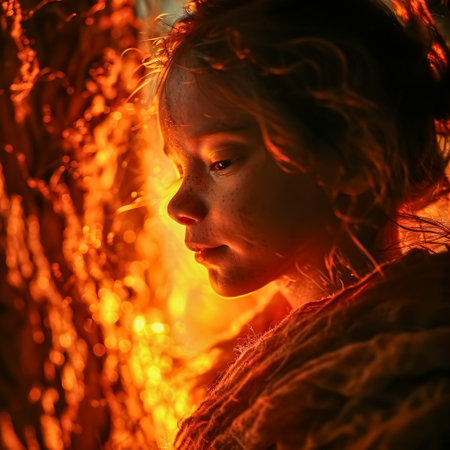 Portrait of a girl with red hair in the fire in the forest.の素材