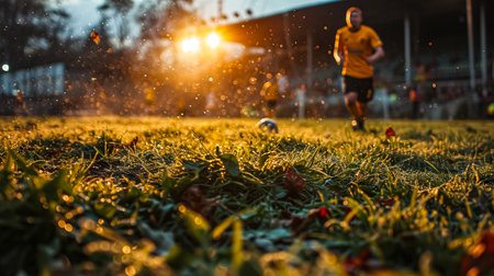 Young soccer player in action on a football field during the sunset.の素材