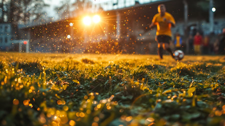 Soccer player in action on the field at sunset. Blurred backgroundの素材