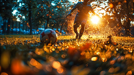 Soccer player kicking the ball in the park at sunset. Blurred backgroundの素材