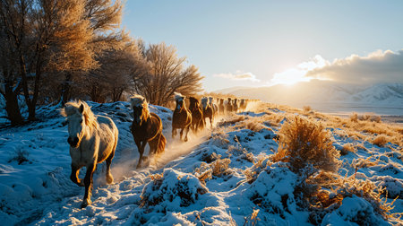 Icelandic horses in winter landscape at sunrise. Winter landscape.の素材